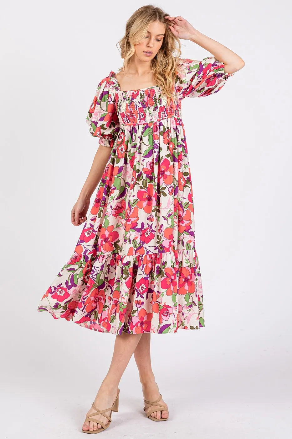 Flower Print Puff Sleeve Ruffle Smocked Midi Dress - Fuchsia - product view 3