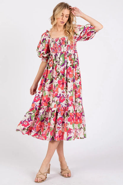 Flower Print Puff Sleeve Ruffle Smocked Midi Dress - Fuchsia - product view 3