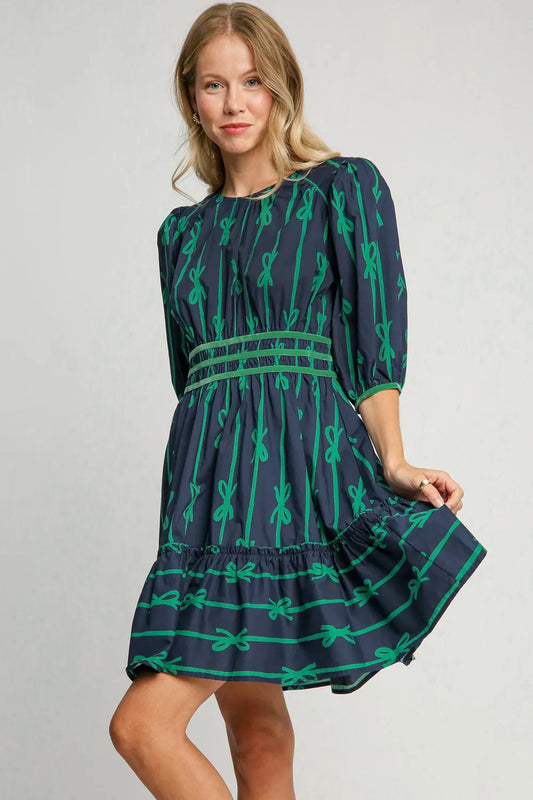 Ribbon Print Frill Contrast Velvet Trim Half Sleeve Dress in Navy - product view 1