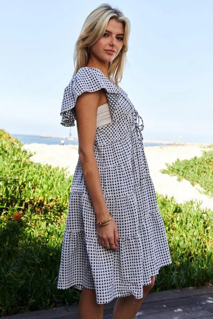 Jacquard V-Neck Flutter Cap Sleeve Tiered Dress in Black Ivory - product view 3
