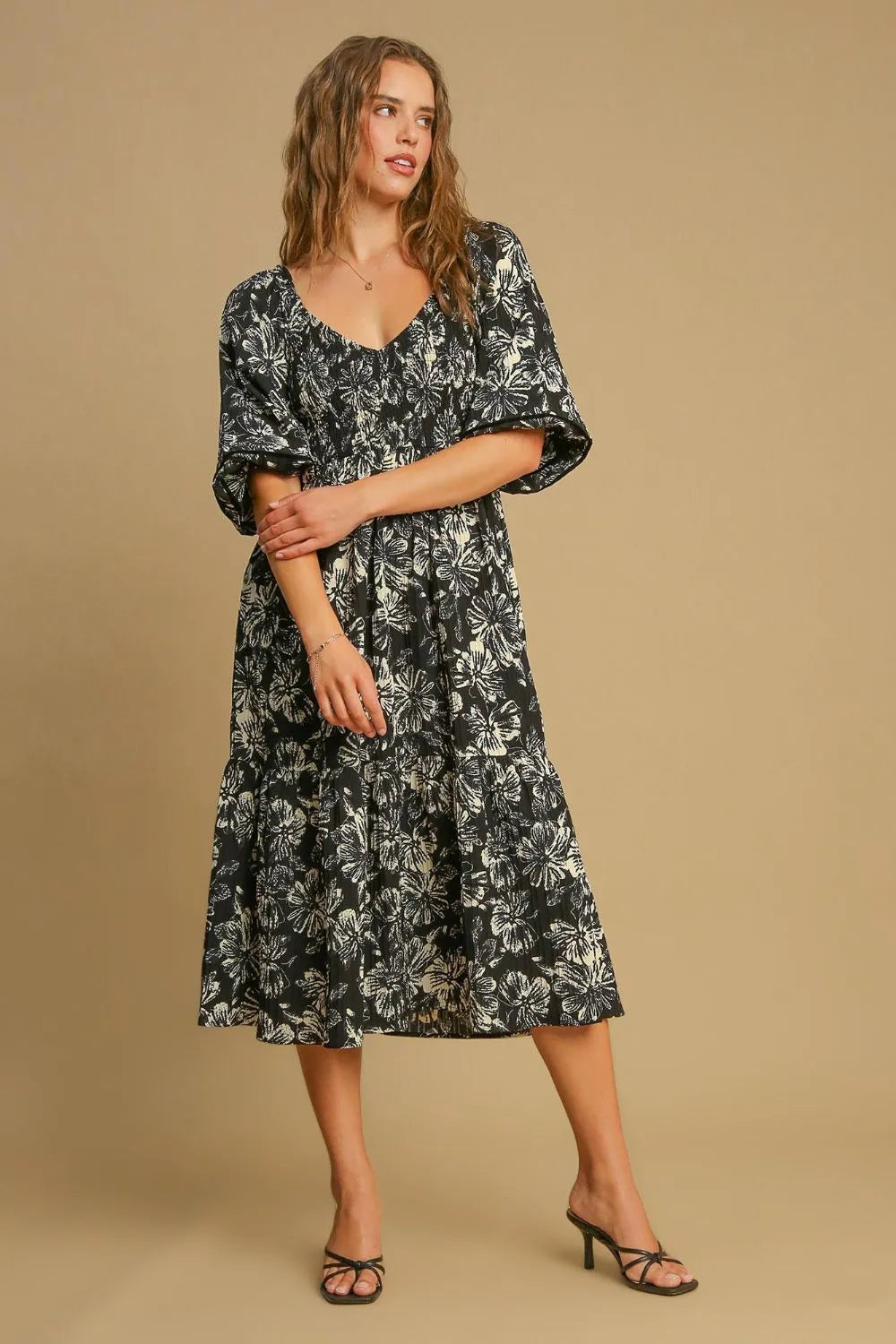 Ruffle Hem Flower Printed V-Neck Dress - Black - product view 1