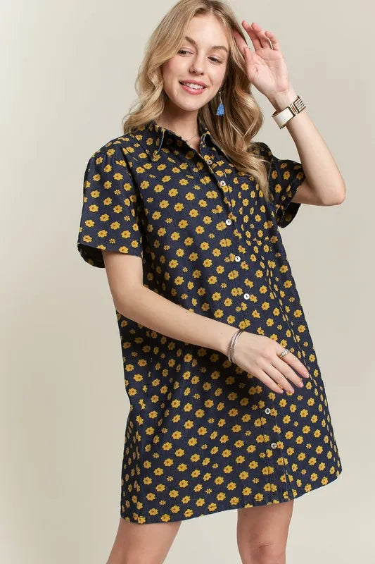 Floral Button-Up Mini Denim Dress in Dark - product view 2