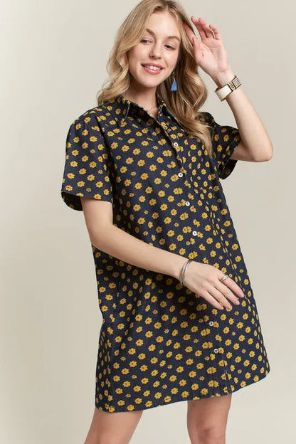 Floral Button-Up Mini Denim Dress in Dark - product view 2