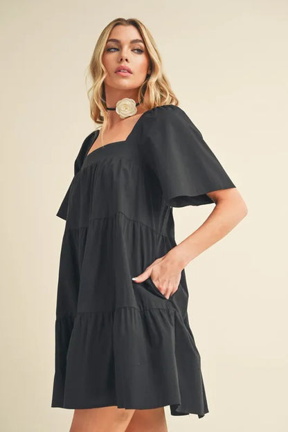 Square Neck Half Sleeve Tiered Dress - Black - product view 4