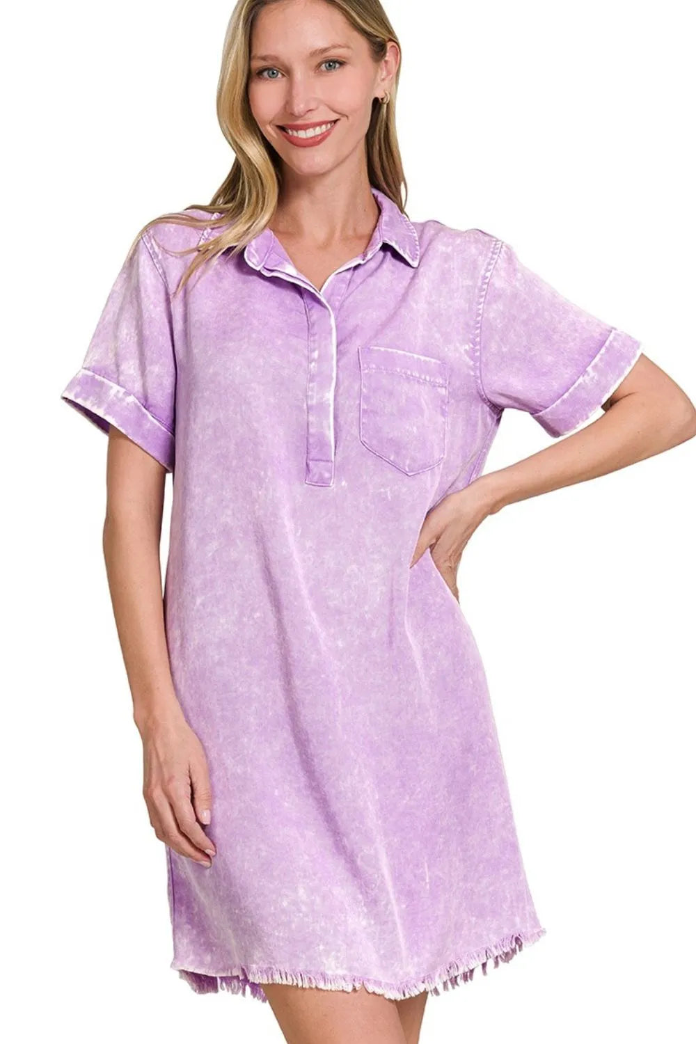 Tencel Mineral Washed Collared Shirts Dress - B Lavender - product view 1
