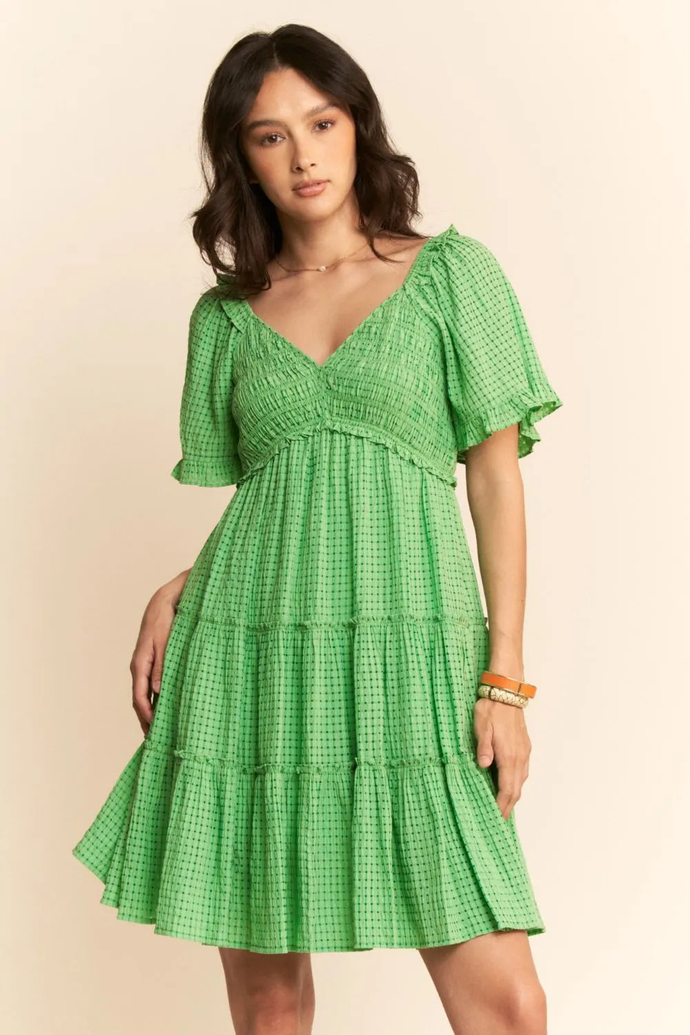 Jacquard Checker Smocking Tiered Dress - Ibiza Green - product view 3