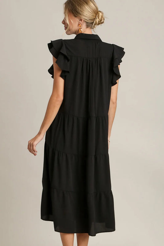 Full Size Johnny Collar Ruffle Cap Sleeve Tiered Dress Plus Size - Black - Umgee USA - Style 41519 - product view 2