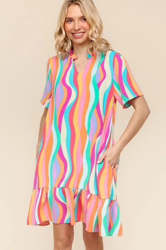 Tiered Woven Ruffle Hem Dress in Yellow/Green/Fuchsia - product view 1