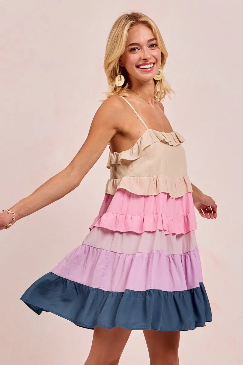 Color Blocked Tiered Dress - Cream/Pink/Lilc/Teal - product view 3