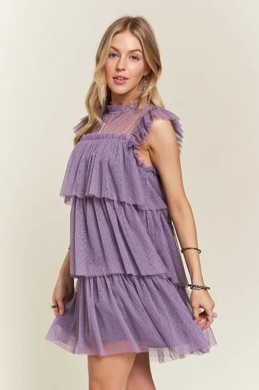 Layered Ruffled Cap Sleeve Mesh Dress in Mauve - product view 2