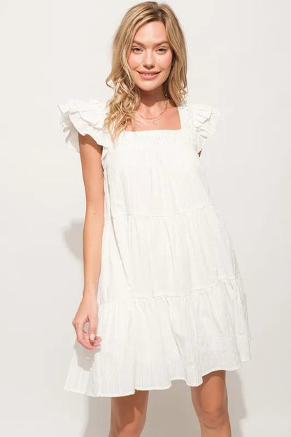Origami Pleating Ruffled Sleeve Tiered Dress in Off White - product view 1
