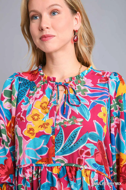 Full Size Floral Print Tie Neck Midi Dress with Pockets Plus Size in Mulberry Mix - product view 5