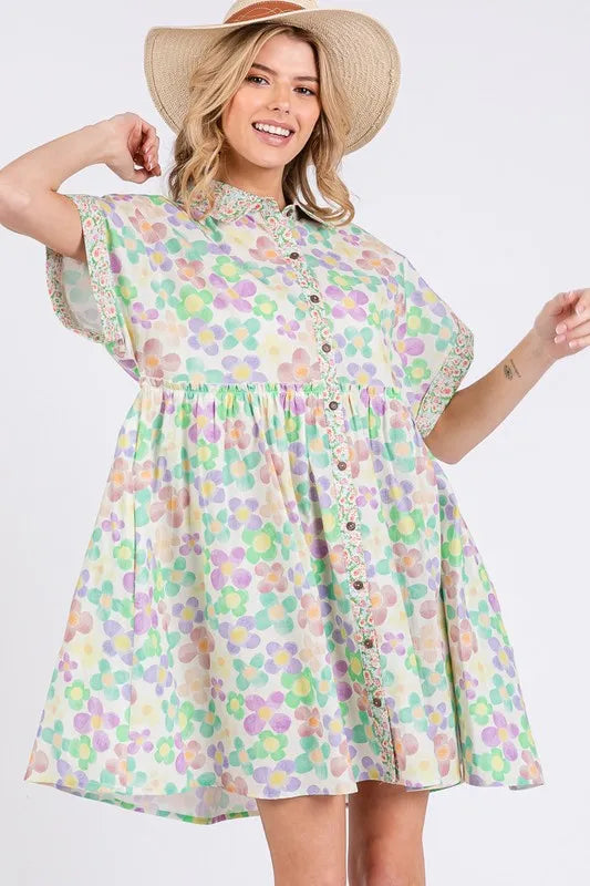 Floral Babydoll Short Sleeves Dress in Gum Leaf - product view 4
