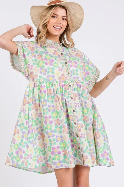 Floral Babydoll Short Sleeves Dress in Gum Leaf - product view 4