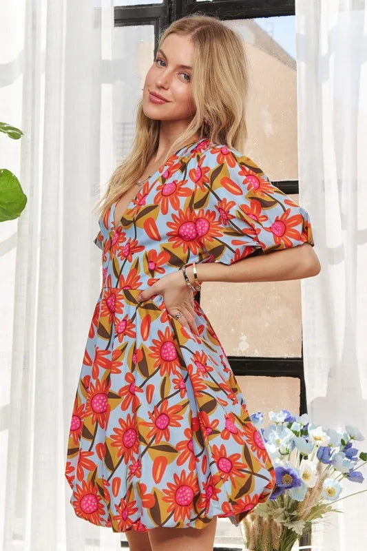 Puff Sleeve Floral Dress - Blue - product view 2
