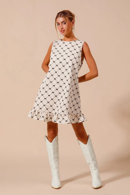Texture Bow Printed Mini Ruffle Dress in Ivory - product view 7