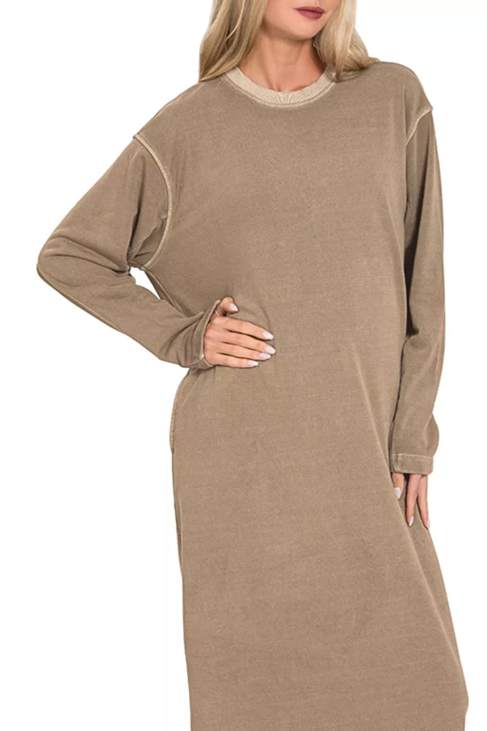 Soft Fleece Pigment Dye Sweatshirts Dress - Mocha - product view 2