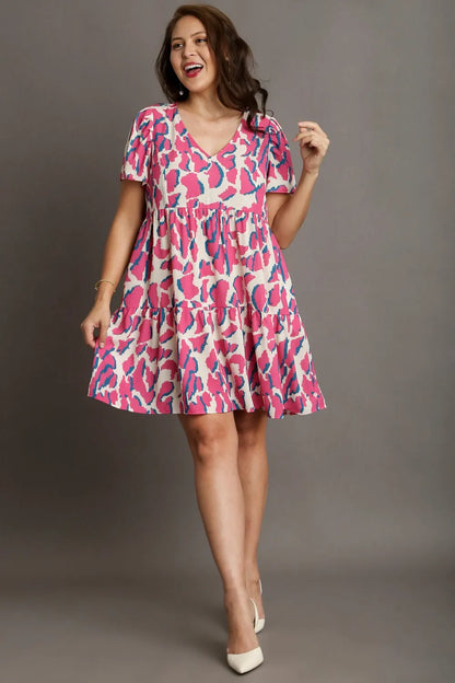 Full Size Abstract Print Pleat Detail Short Sleeve V-Neck Tiered Dress Plus Size in Creammix - product view 6
