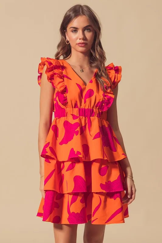 Floral V Neck Layered Dress with Elasticized Waist in Orange/Fuchsia - product view 1