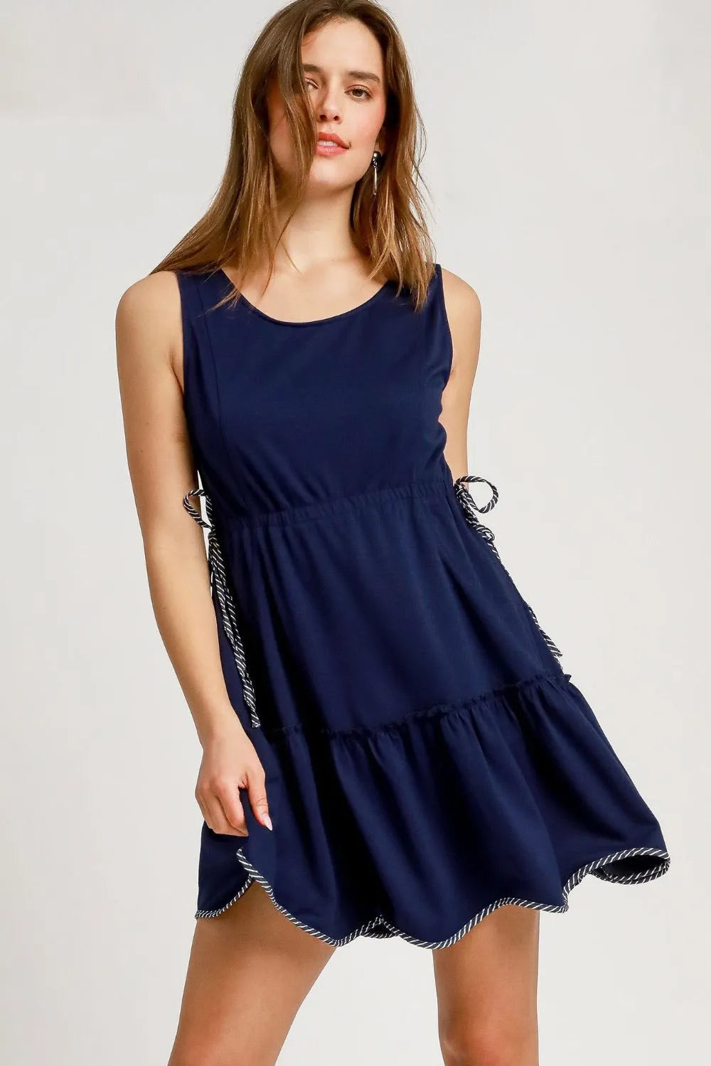 Frill Drawstring Waist Round Neck Mini Tank Dress - Dark Navy - product view 1