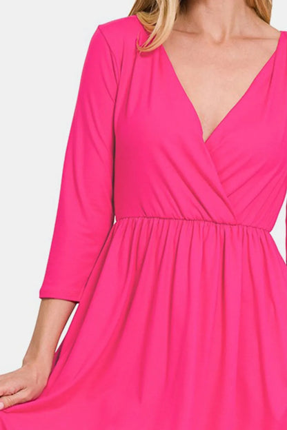 Three-Quarter Sleeve Surplice Dress with Pockets in Hot Pink - product view 3