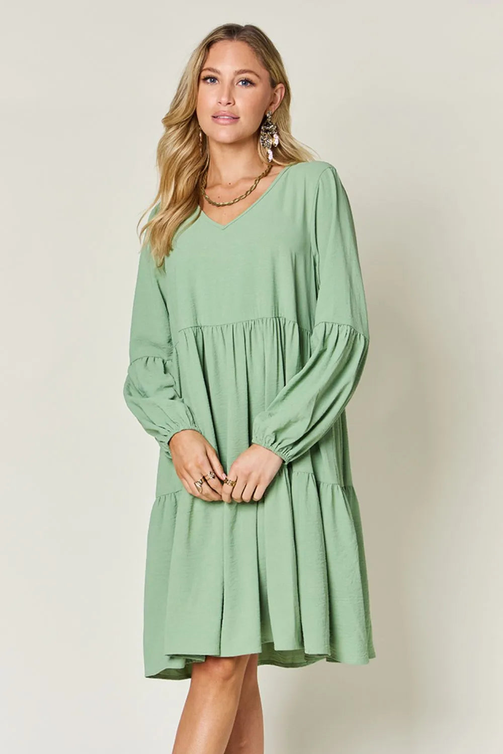Full Size V-Neck Balloon Sleeve Tiered Dress with Pockets in Light Green, Pink and more - product view 3
