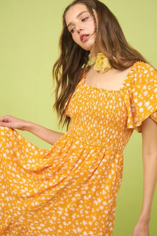 Flower Print Flutter Sleeve Smocked Midi Dress in Gold - product view 3
