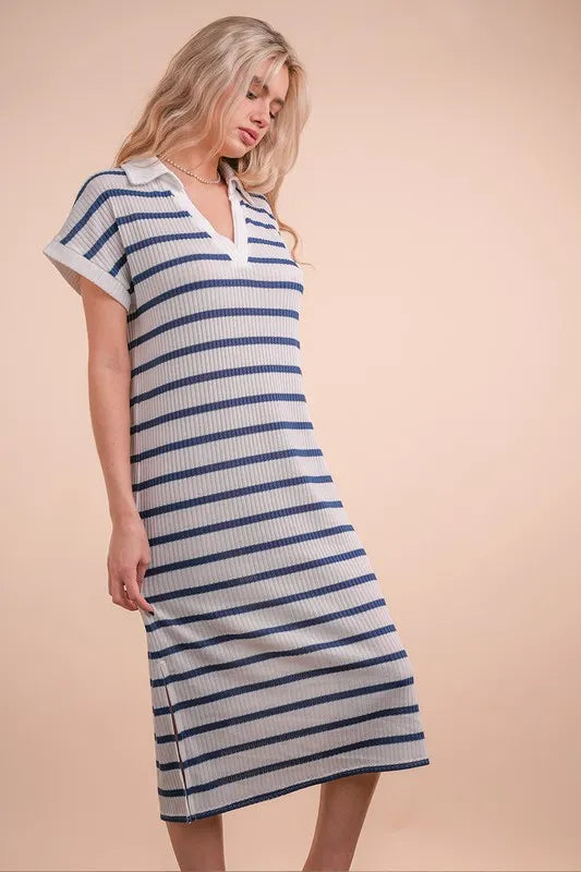 Oversized Collared Striped Knit Midi Dress in White/Navy - product view 4