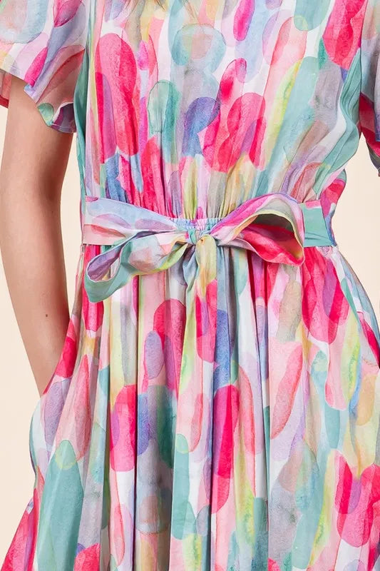 Watercolor Print Tie Front Midi Dress - Pink Combo - product view 6