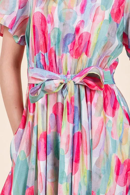 Watercolor Print Tie Front Midi Dress - Pink Combo - product view 6
