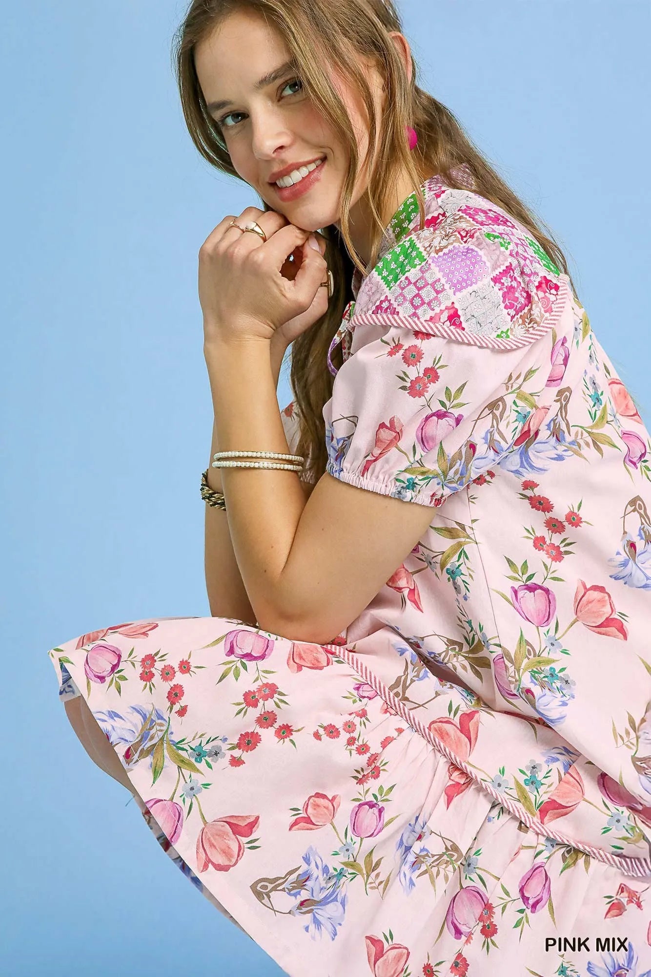 Floral Print Tie Neck Puff Sleeve Dress - Pink - product view 4