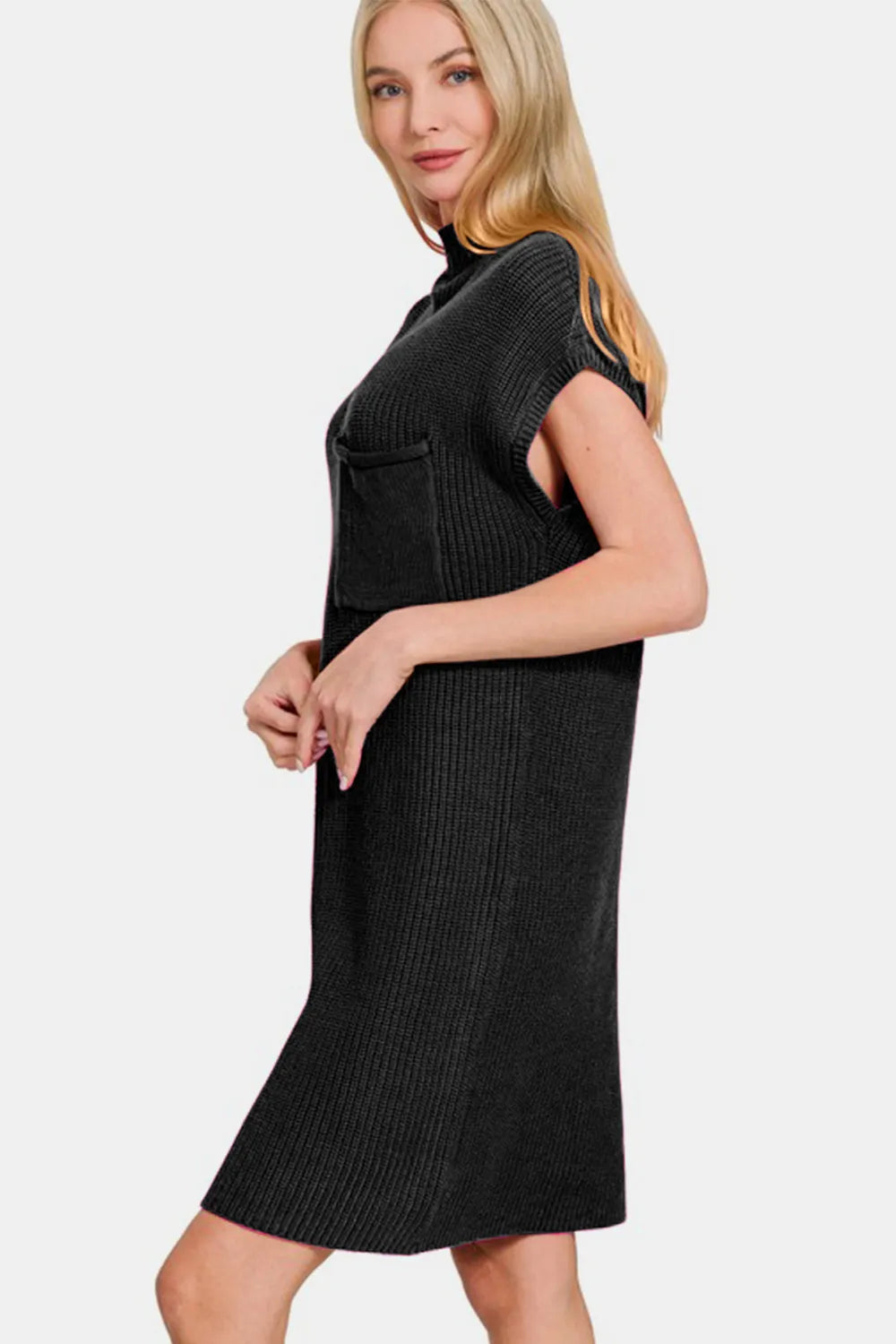 Mock Neck Short Sleeve Sweater Dress - Black - product view 3