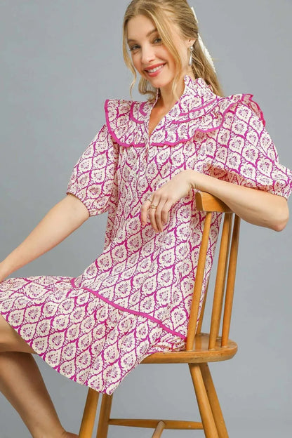 Ruffled Printed Puff Sleeve Mini Dress - Red-Violet - product view 2
