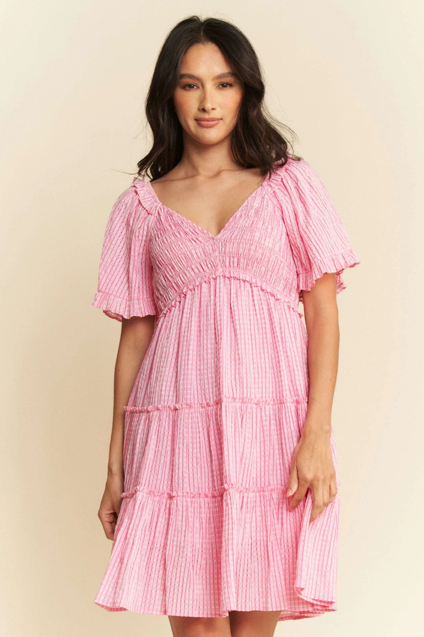 Jacquard Checker Smocking Tiered Dress - Barbie Pink - product view 5