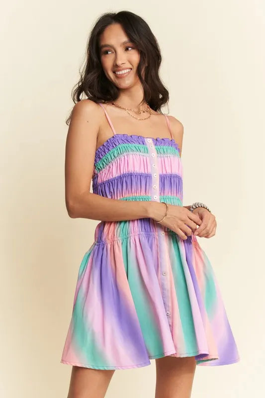 Multi Color Ombre Printed Bodice Button Up Dress in Purple Multi - product view 4