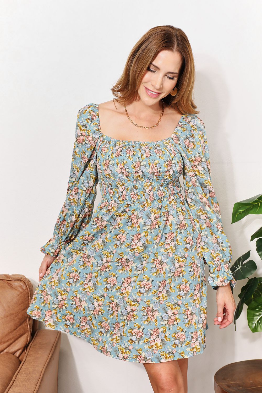 Honey Floral Smocked Flounce Sleeve Square Neck Dress - product view 1