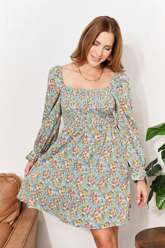 Honey Floral Smocked Flounce Sleeve Square Neck Dress - product view 1