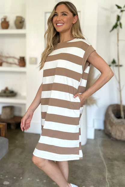 Full Size Striped Round Neck Cap Sleeve Mini Dress in Black, Camel and Dusty Blue - product view 8
