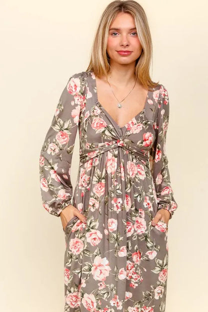 Twisted Detail Ruffled Hem Floral Dress with Side Pockets in Mauve Blush - product view 4