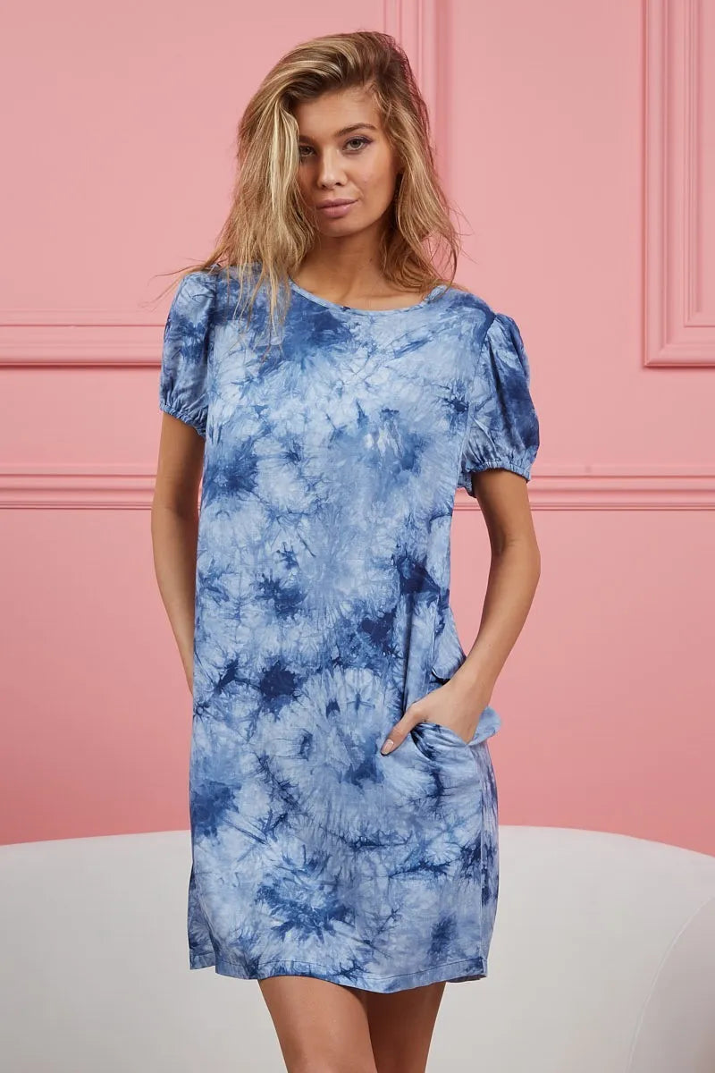 Puff Sleeve With Side Pockets Tie Dye Dress - Navy - product view 8