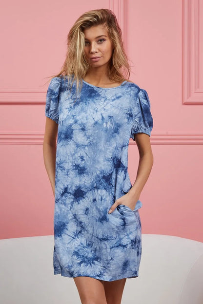 Puff Sleeve With Side Pockets Tie Dye Dress - Navy - product view 8