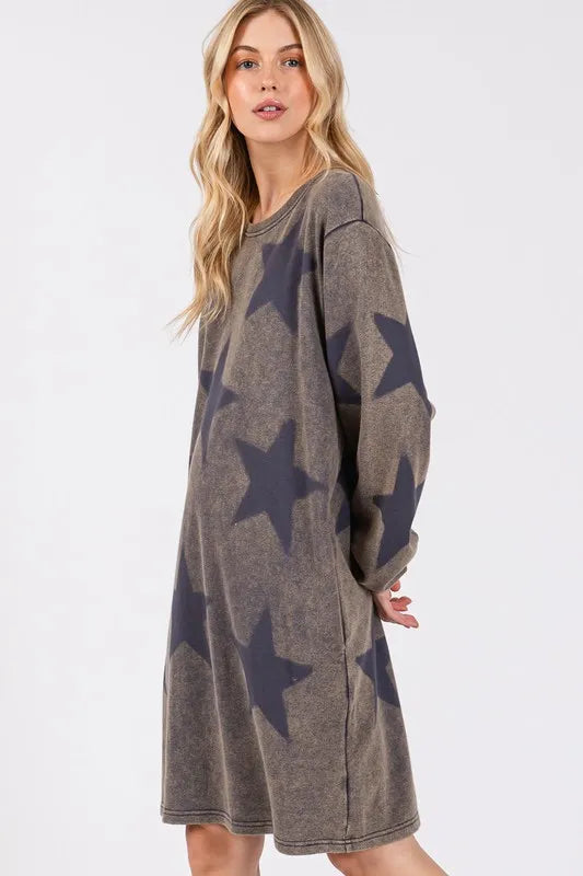 Washed Star Print Round Neck Dress in Dark Gray - product view 3