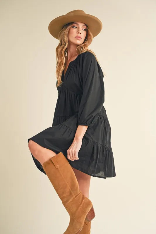 Notched Balloon Sleeve Tiered Mini Dress - Black - product view 2
