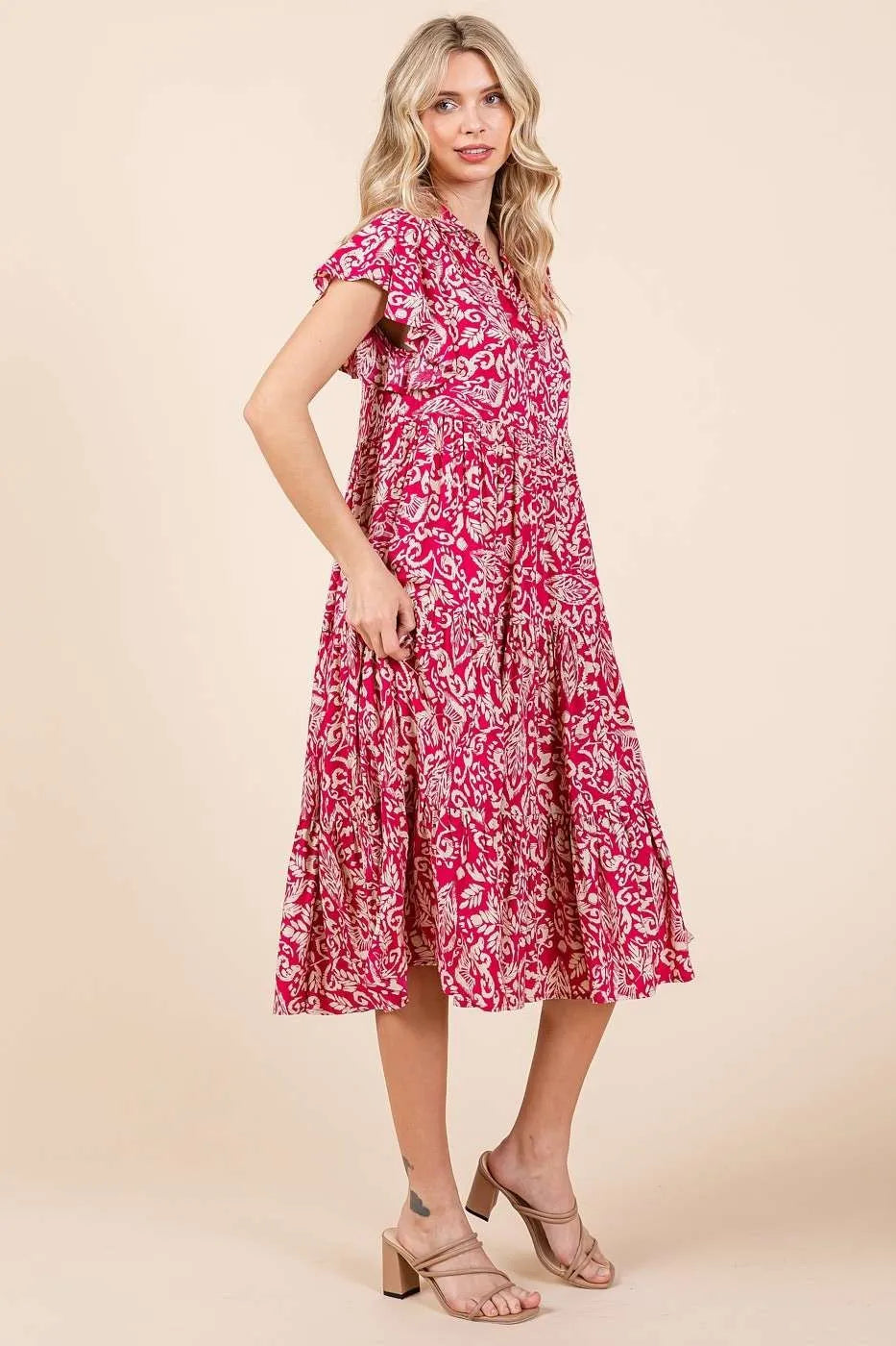 Abstract Print Ruffle Tier Midi Dress - Fuchsia - product view 5