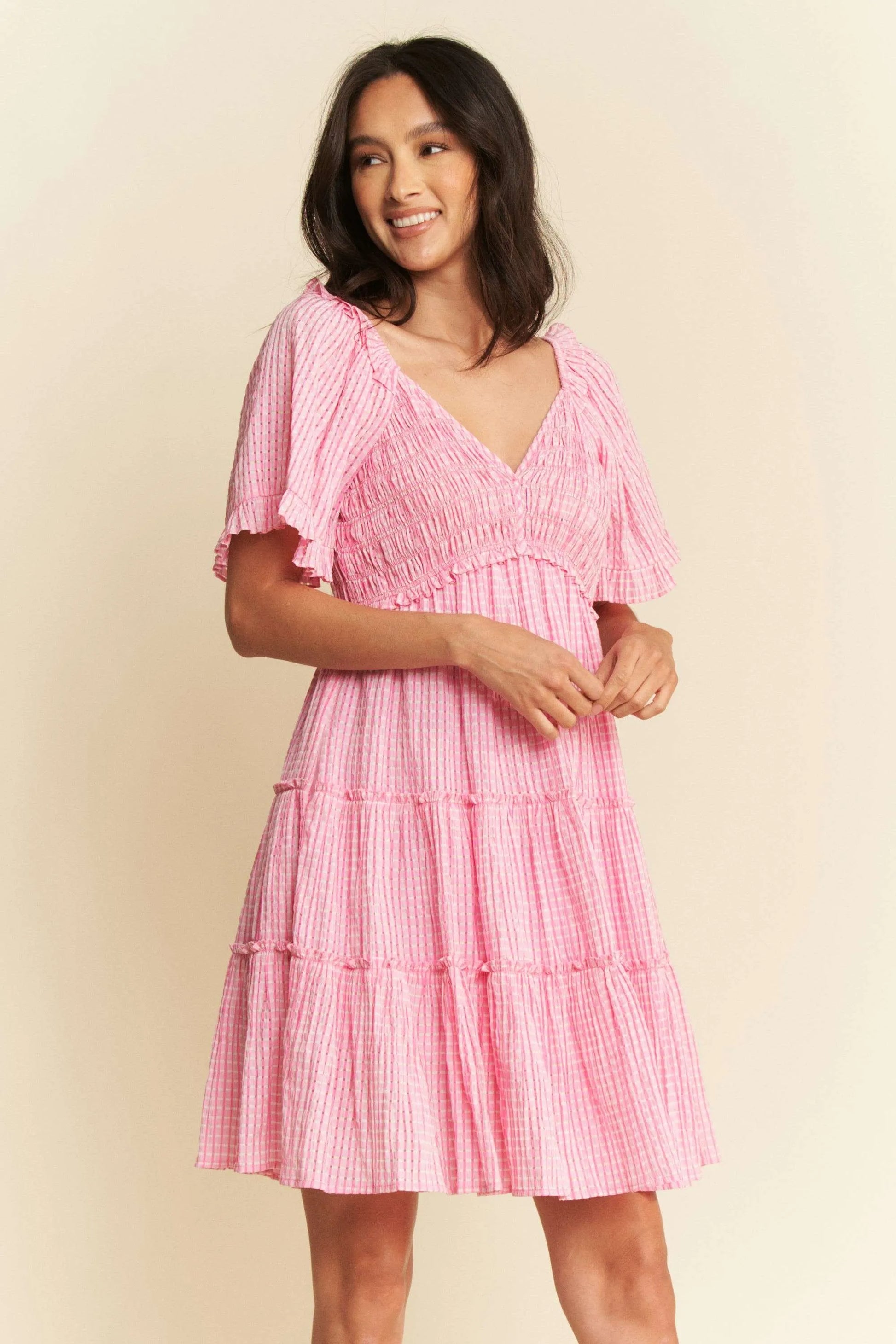 Jacquard Checker Smocking Tiered Dress - Barbie Pink - product view 6