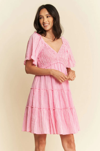 Jacquard Checker Smocking Tiered Dress - Barbie Pink - product view 6