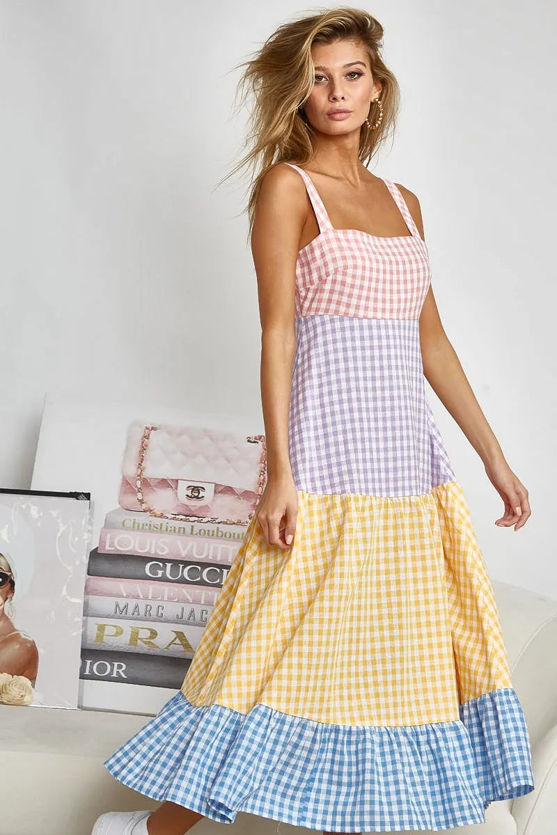 Color Block Tiered Gingham Dress in Yello/Sage/Blue/Purp - product view 7