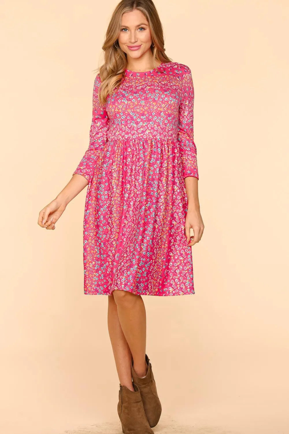 Round Neck Floral Dress with Pockets in Fuchsia - product view 4