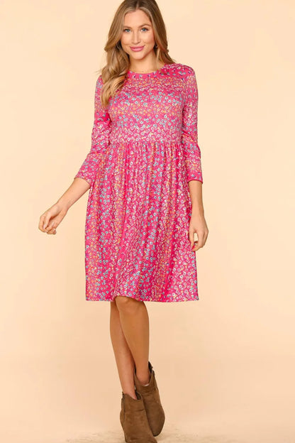 Round Neck Floral Dress with Pockets in Fuchsia - product view 4