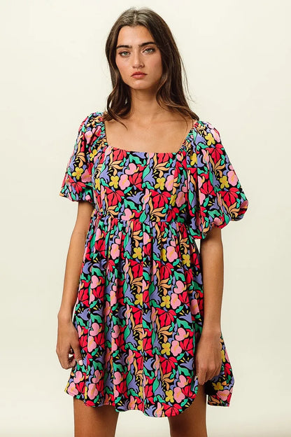 Floral Print Puff Square Neck Dress in Black Multi - product view 11